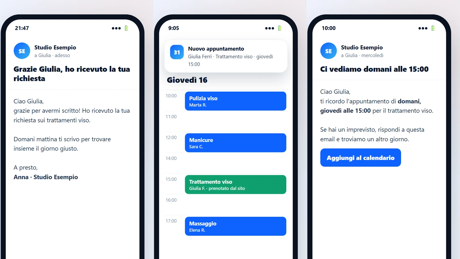 Tre telefoni: la risposta automatica a chi scrive, il nuovo appuntamento nel Google Calendar e il promemoria del giorno prima